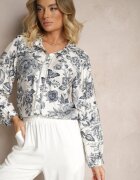 maja studio Cămașă Alb-Bleumarin din Viscoză cu Imprimeu Floral și Mâneci Bufante Hanistrae
