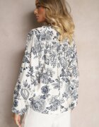 maja studio Cămașă Alb-Bleumarin din Viscoză cu Imprimeu Floral și Mâneci Bufante Hanistrae