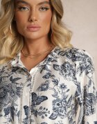 maja studio Cămașă Alb-Bleumarin din Viscoză cu Imprimeu Floral și Mâneci Bufante Hanistrae