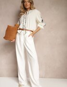 maja studio Cămașă bej din bumbac cu decolteu rotund și broderie decorativă Gonadiel