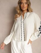 maja studio Cămașă bej din bumbac cu decolteu rotund și broderie decorativă Gonadiel