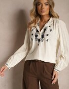 maja studio Cămașă bej din bumbac cu guler tunică nasturi și broderie decorativă Gonnalia