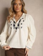 maja studio Cămașă bej din bumbac cu guler tunică nasturi și broderie decorativă Gonnalia