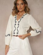 maja studio Cămașă Bejă din Viscoză cu Decolteu în V Decorată cu Broderie cu Motiv Floral Gonarrae