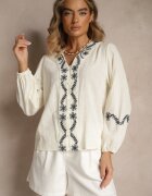 maja studio Cămașă Bejă din Viscoză cu Decolteu în V Decorată cu Broderie cu Motiv Floral Gonarrae