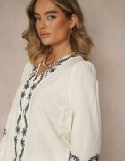 maja studio Cămașă Bejă din Viscoză cu Decolteu în V Decorată cu Broderie cu Motiv Floral Gonarrae