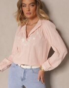 maja studio Cămașă roz din bumbac cu guler tip tunica nasturi și broderie decorativă Gonnalia