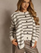 maja studio Cardigan Bej cu Adaos de Lână Ornat cu Model în Dungi și cu o Capă Fedira