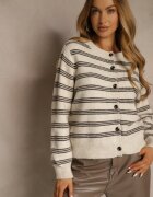 maja studio Cardigan Bej cu Adaos de Lână Ornat cu Model în Dungi și cu o Capă Fedira