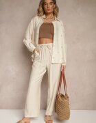 maja studio Compleu Bej Oversize din Viscoză Brodat Cămașă și Pantaloni Sadrianae