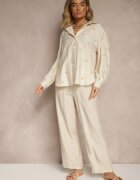 maja studio Compleu Bej Oversize din Viscoză Brodat Cămașă și Pantaloni Sadrianae