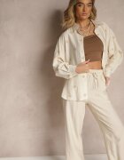 maja studio Compleu Bej Oversize din Viscoză Brodat Cămașă și Pantaloni Sadrianae