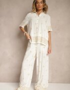 maja studio Compleu din Viscoză Alb-Bej Oversize cu Broderie Cămașă și Pantaloni Iffussa