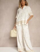 maja studio Compleu din Viscoză Alb-Bej Oversize cu Broderie Cămașă și Pantaloni Iffussa
