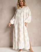 maja studio Rochie Albă din Vâscoză Decorată cu Broderii și Fir Metalic Tervezia