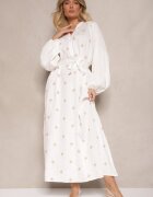 maja studio Rochie Albă din Viscoză Oversize Decorată cu Broderie Venalari