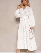 maja studio Rochie Albă din Viscoză Oversize Decorată cu Broderie Venalari