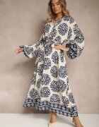 maja studio Rochie Albastră Oversize din Viscoză cu Curea Decorată cu Imprimeu Etnic Velsekia