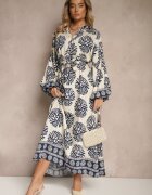 maja studio Rochie Albastră Oversize din Viscoză cu Curea Decorată cu Imprimeu Etnic Velsekia
