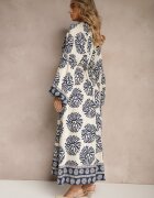 maja studio Rochie Albastră Oversize din Viscoză cu Curea Decorată cu Imprimeu Etnic Velsekia