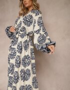 maja studio Rochie Albastră Oversize din Viscoză cu Curea Decorată cu Imprimeu Etnic Velsekia