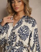maja studio Rochie Albastră Oversize din Viscoză cu Curea Decorată cu Imprimeu Etnic Velsekia