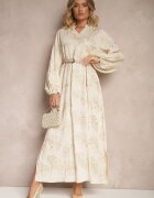 maja studio Rochie bej deschis din Vâscoză Decorată cu Broderii și Fir Metalic Tervezia