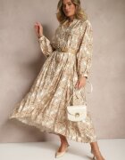 maja studio Rochie Bej din Vâscoză cu Model Ornamental Croi Cloș Gonalia