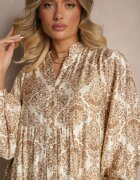 maja studio Rochie Bej din Vâscoză cu Model Ornamental Croi Cloș Gonalia