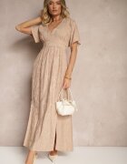 maja studio Rochie Bej din Vascoză Decorată cu Broderie și Fir Metalic Ivelvesa