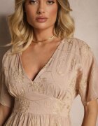 maja studio Rochie Bej din Vascoză Decorată cu Broderie și Fir Metalic Ivelvesa