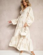 maja studio Rochie Bej din Viscoză Decorată cu Broderie Metalică Nalainor