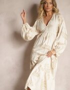 maja studio Rochie Bej din Viscoză Decorată cu Broderie Metalică Nalainor