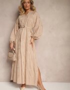 maja studio Rochie Bej din Viscoză Decorată cu Broderii și Fir Metalic Tervezia