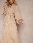 maja studio Rochie Bej din Viscoză Decorată cu Broderii și Fir Metalic Tervezia