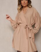 maja studio Rochie Bej Kimono din Viscoză cu Buzunare Decorată cu Inserții Ajurate Salithia