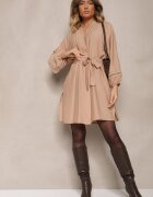 maja studio Rochie Bej Kimono din Viscoză cu Buzunare Decorată cu Inserții Ajurate Salithia