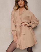 maja studio Rochie Bej Kimono din Viscoză cu Buzunare Decorată cu Inserții Ajurate Salithia