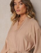 maja studio Rochie Bej Kimono din Viscoză cu Buzunare Decorată cu Inserții Ajurate Salithia