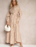 maja studio Rochie bej vâscoză evazată decorată cu broderie Nalorwen