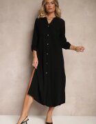 maja studio Rochie Cămașă Neagră din Vâscoză In și Reglare la Mâneci Florvezia
