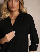 maja studio Rochie Cămașă Neagră din Vâscoză In și Reglare la Mâneci Florvezia