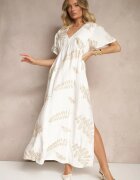 maja studio Rochie Cloș Albă din Viscoză Decorată cu Frunze Brodate Tirvesa