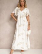 maja studio Rochie Cloș Albă din Viscoză Decorată cu Frunze Brodate Tirvesa