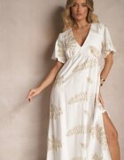maja studio Rochie Cloș Albă din Viscoză Decorată cu Frunze Brodate Tirvesa