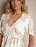maja studio Rochie Cloș Albă din Viscoză Decorată cu Frunze Brodate Tirvesa