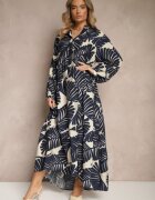 maja studio Rochie Cloș Albastră din Viscoză cu Model Frunze Wilvesia