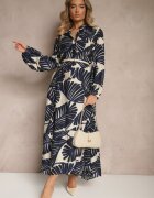 maja studio Rochie Cloș Albastră din Viscoză cu Model Frunze Wilvesia