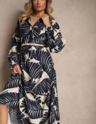 maja studio Rochie Cloș Albastră din Viscoză cu Model Frunze Wilvesia