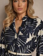 maja studio Rochie Cloș Albastră din Viscoză cu Model Frunze Wilvesia